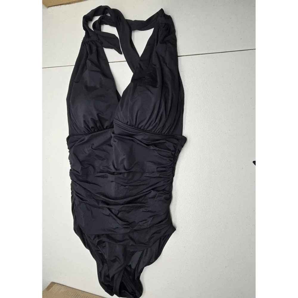 Victoria Secret Women Swimsuit Large Black Halter One Piece Ruched Lightly Line